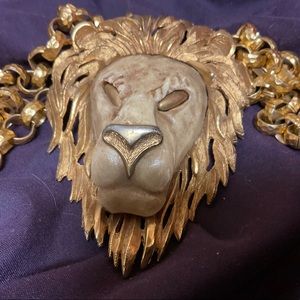 Vintage Luca Razza Circa 1970’S Lion’s Head and Chain Gold Tone Metal & Resin